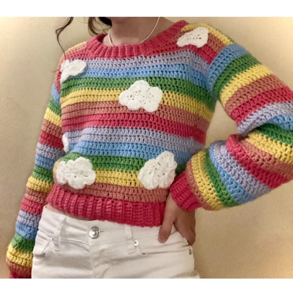 Crochet handmade pastel rainbow round neck long sleeve acrylic sweater size XS/S - Picture 4 of 7